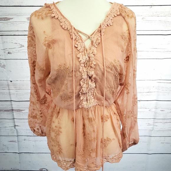 Free People Tops - Free People Flowy Blush Lace Up Blouse
